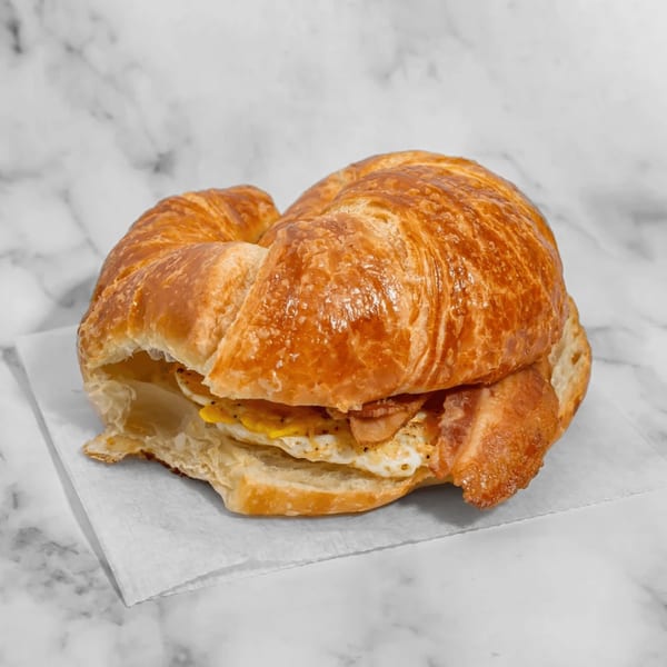 Golden croissant breakfast sandwich with egg and bacon on a white napkin.