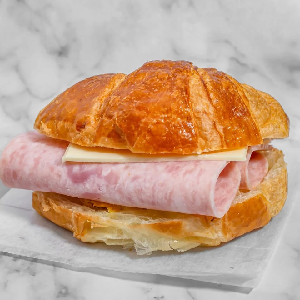 Golden-brown croissant sandwich filled with thinly sliced ham and a slice of white cheese.